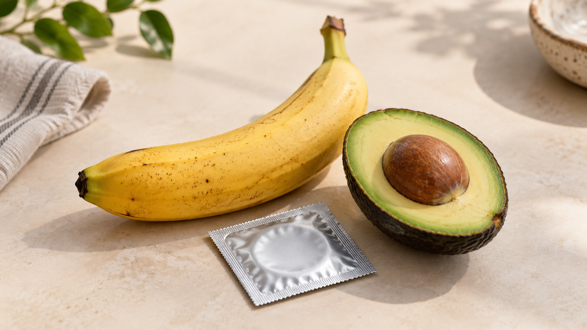 A banana, avocado half and unopened condom packet on a light background.