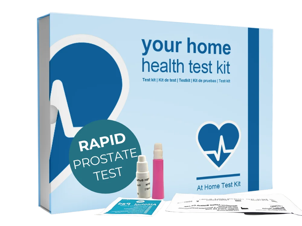 Home health test kit for prostate testing with packaging and components on a white background