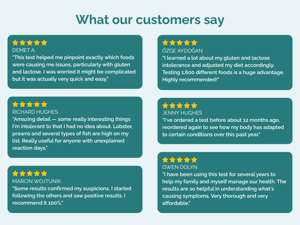 Customer testimonials on a teal background