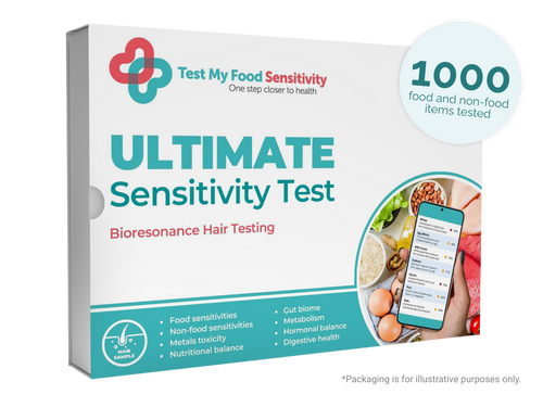 Box for 'Test My Food Sensitivity' Ultimate Sensitivity Test with branding and product details.